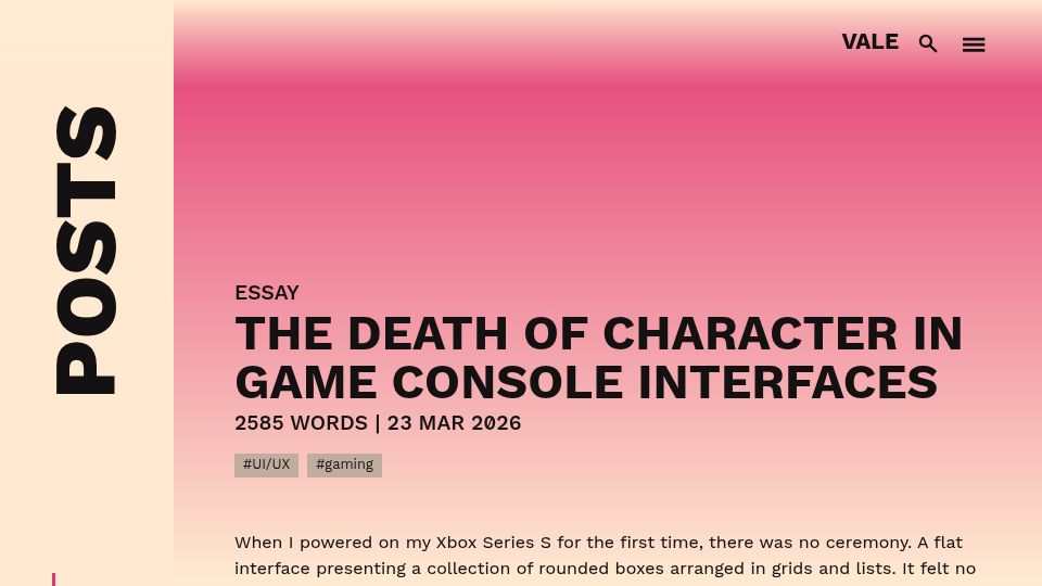 Screenshot of vale.rocks: The Death of Character in Game Console Interfaces