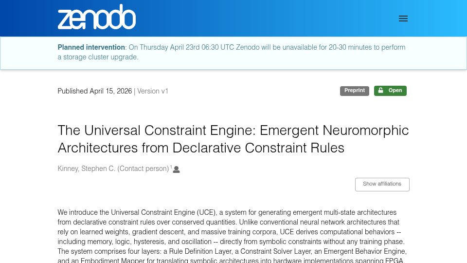 Screenshot of zenodo.org: The Universal Constraint Engine: Neuromorphic Computing Without Neural Networks