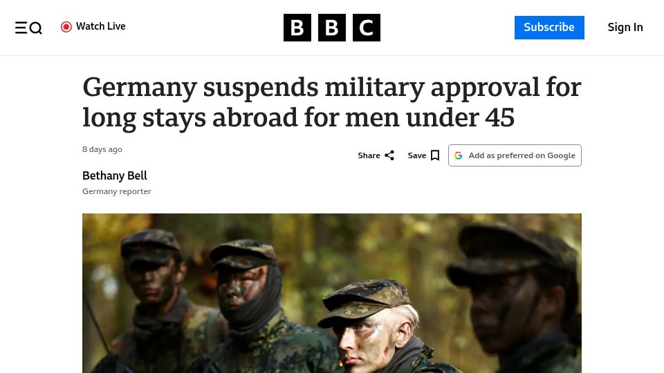 Screenshot of bbc.com: Germany suspends military approval for long stays abroad for men under 45