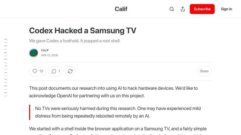 Screenshot of blog.calif.io: Codex Hacked a Samsung TV