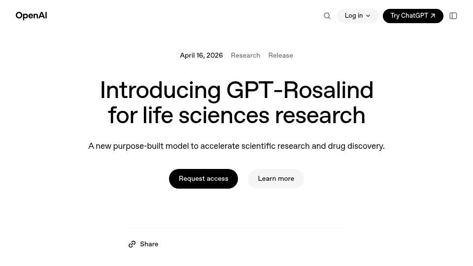 Screenshot of openai.com: GPT‑Rosalind for life sciences research