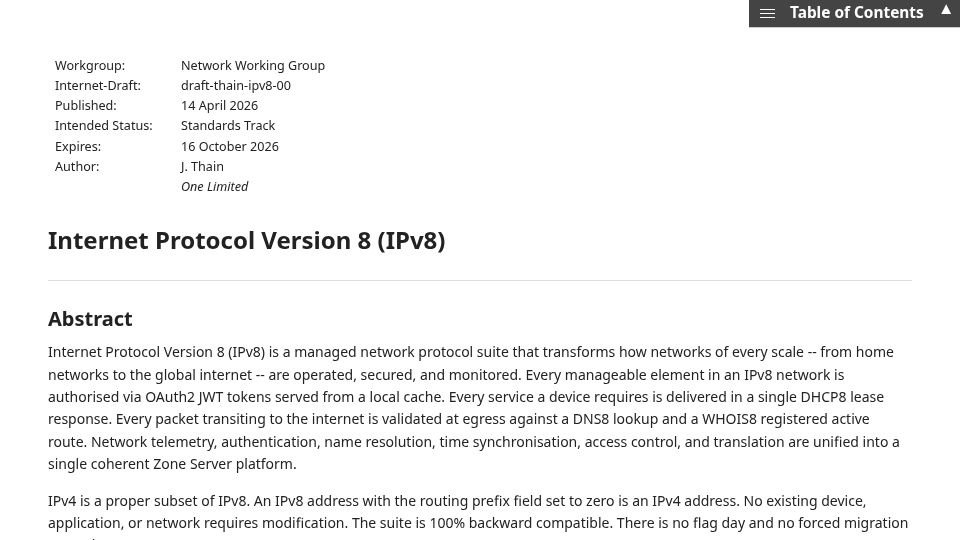 Screenshot of ietf.org: IPv8 Proposal