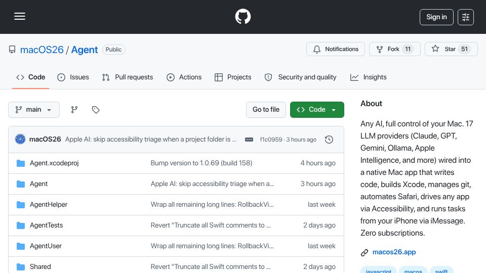Screenshot of github.com: Agent - Native Mac OS X coding ide/harness