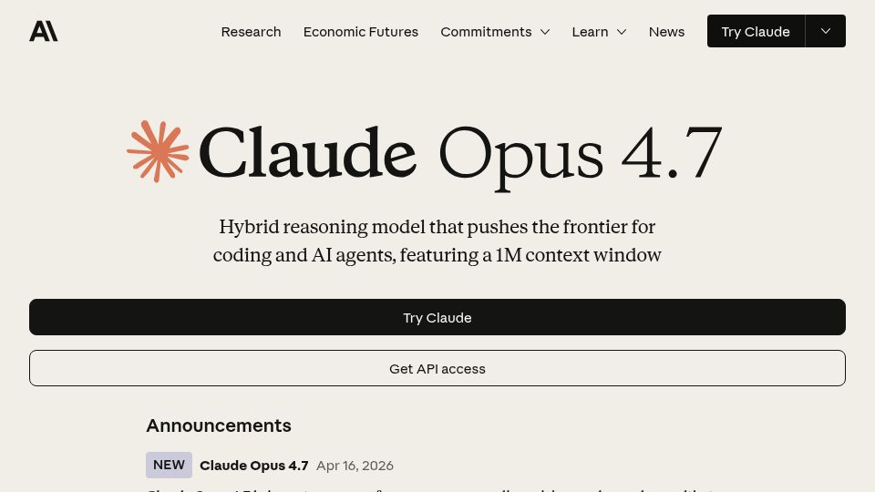 Screenshot of anthropic.com: Claude Opus 4.7