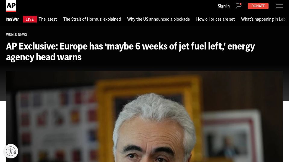 Screenshot of apnews.com: Europe has "maybe 6 weeks of jet fuel left"