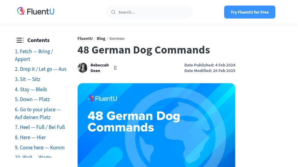Screenshot of fluentu.com: German Dog Commands