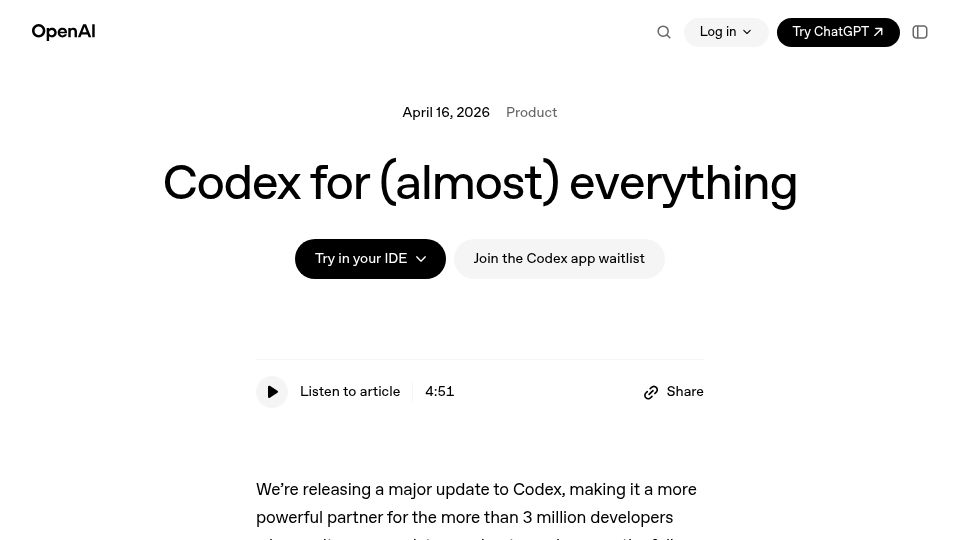 Screenshot of openai.com: Codex for almost everything