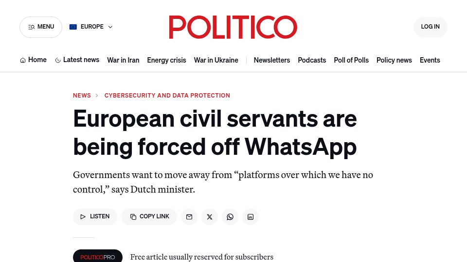 Screenshot of politico.eu: European civil servants are being forced off WhatsApp