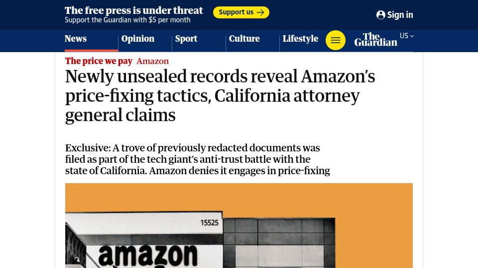 Screenshot of theguardian.com: New unsealed records reveal Amazon's price-fixing tactics, California AG claims