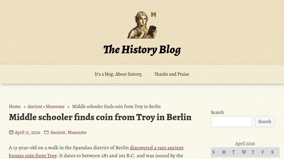 Screenshot of thehistoryblog.com: Middle schooler finds coin from Troy in Berlin