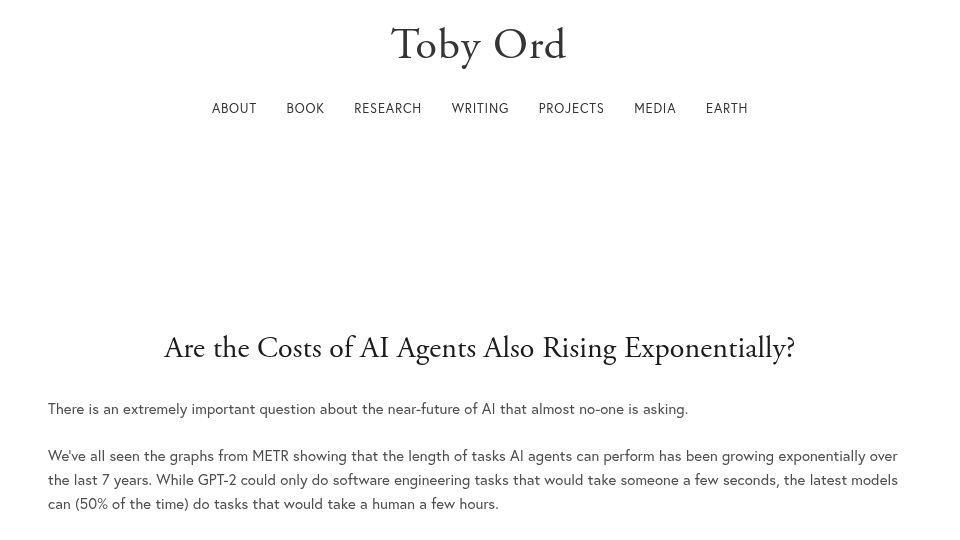 Screenshot of tobyord.com: Are the costs of AI agents also rising exponentially? (2025)