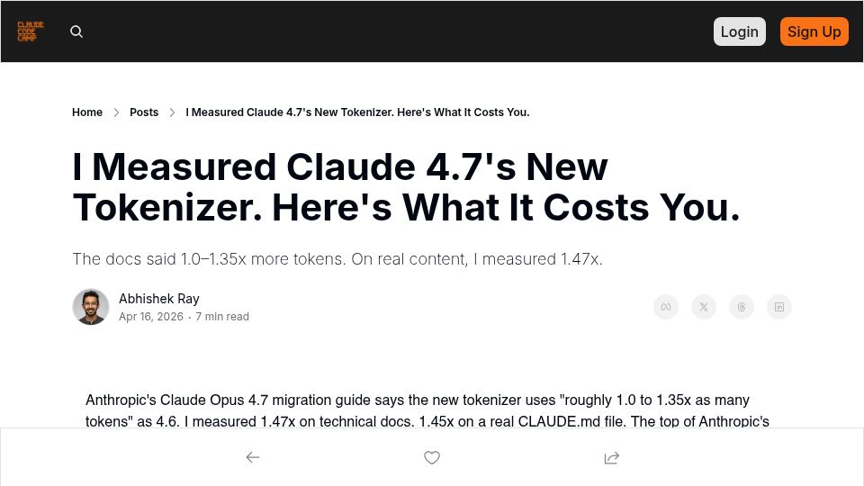 Screenshot of claudecodecamp.com: Measuring Claude 4.7's tokenizer costs