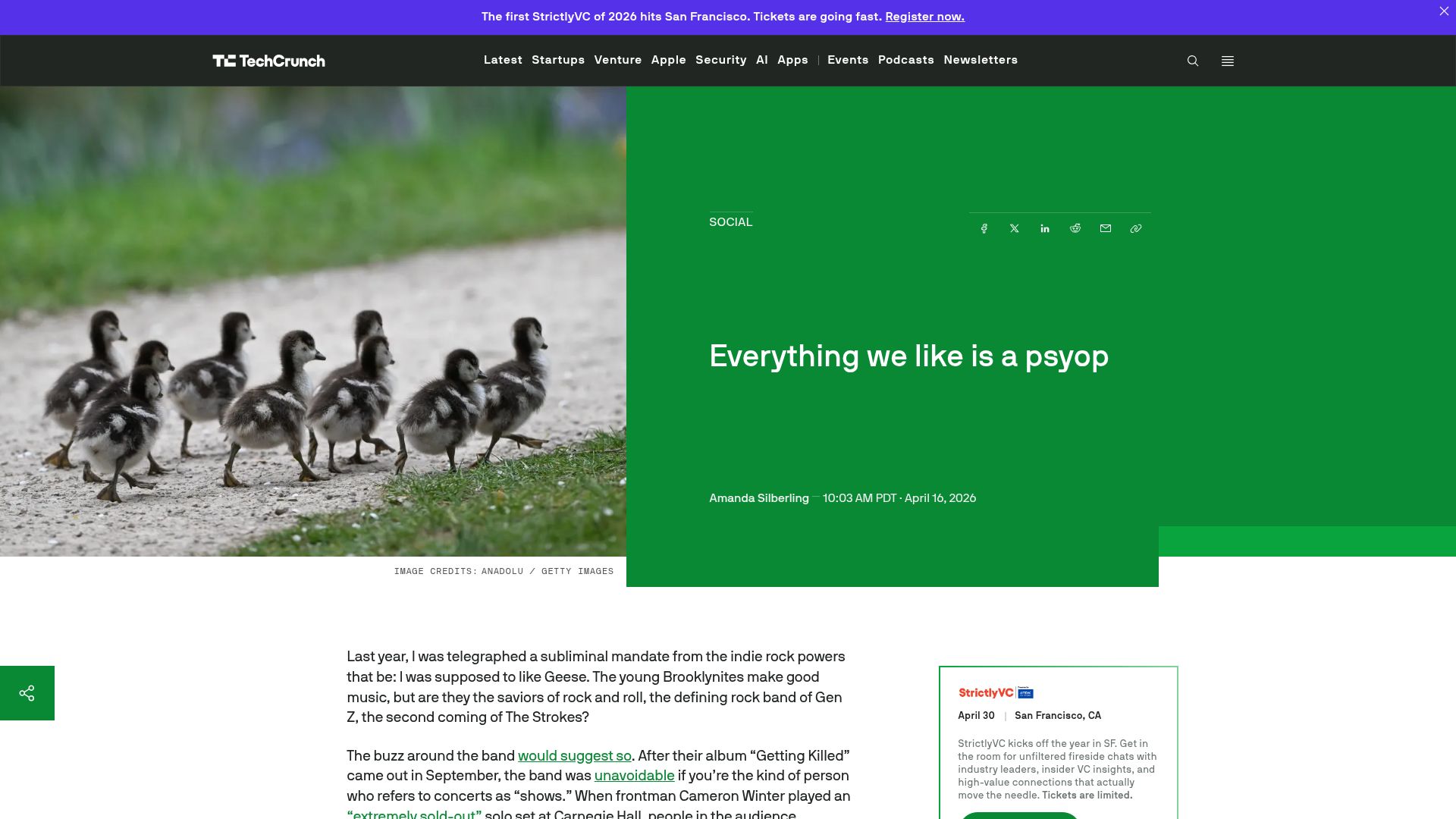 Screenshot of techcrunch.com: Everything we like is a psyop?