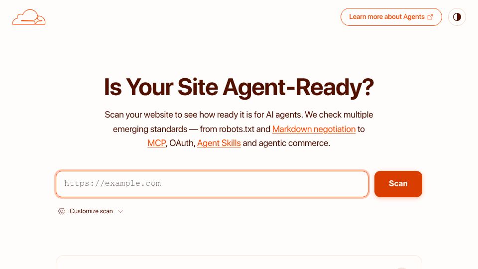 Screenshot of isitagentready.com: Scan your website to see how ready it is for AI agents