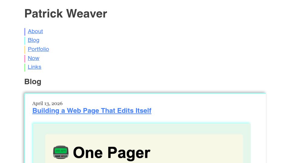 Screenshot of patrickweaver.net: Building a Web Page That Edits Itself