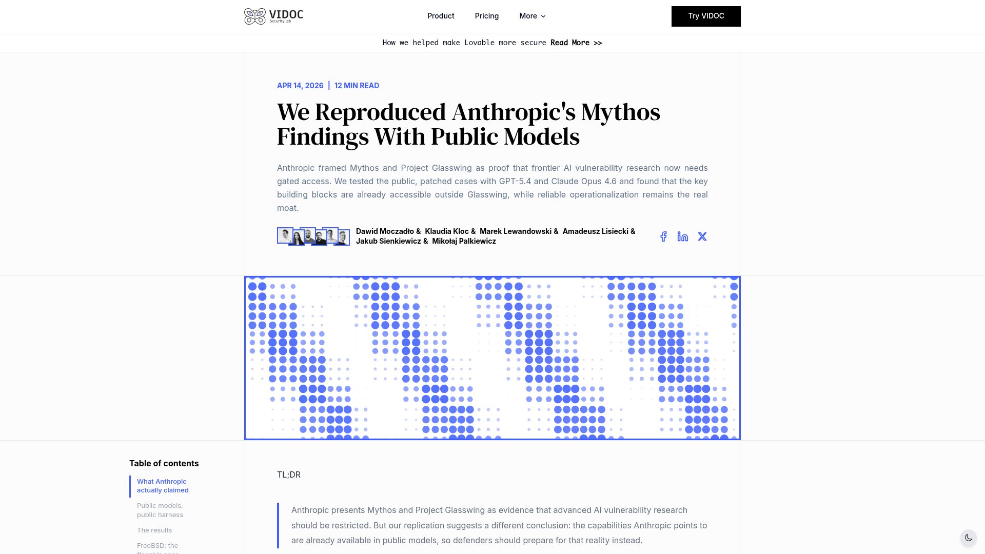 Screenshot of blog.vidocsecurity.com: We Reproduced Anthropic's Mythos Findings with Public Models