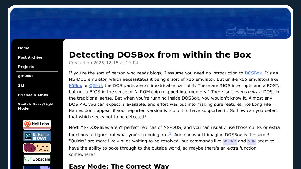 Screenshot of datagirl.xyz: Detecting DOSBox from Within the Box