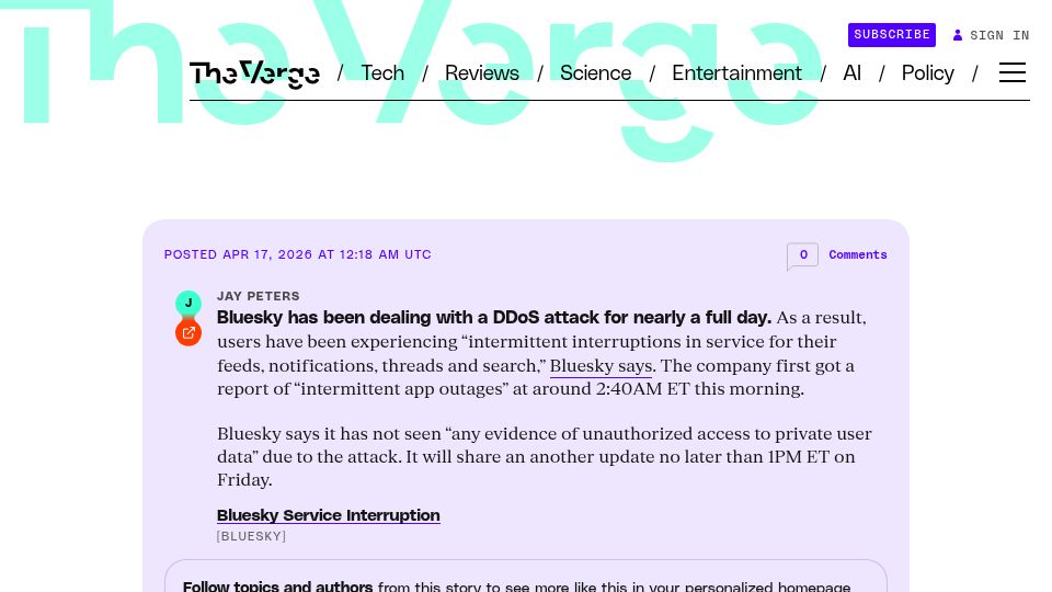 Screenshot of theverge.com: Bluesky has been dealing with a DDoS attack for nearly a full day
