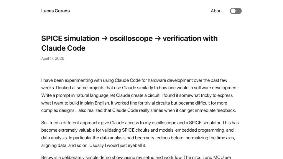 Screenshot of lucasgerads.com: Show HN: SPICE simulation → oscilloscope → verification with Claude Code