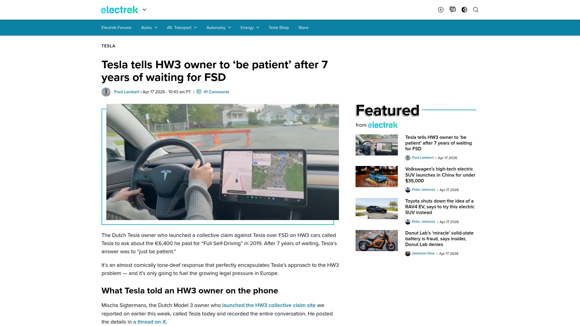 Screenshot of electrek.co: Tesla tells HW3 owner to 'be patient' after 7 years of waiting for FSD