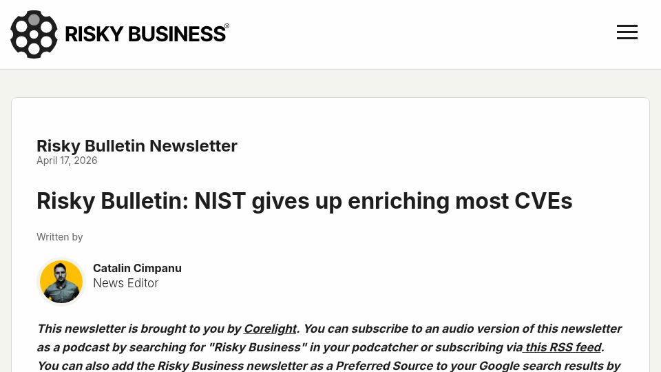 Screenshot of risky.biz: NIST gives up enriching most CVEs