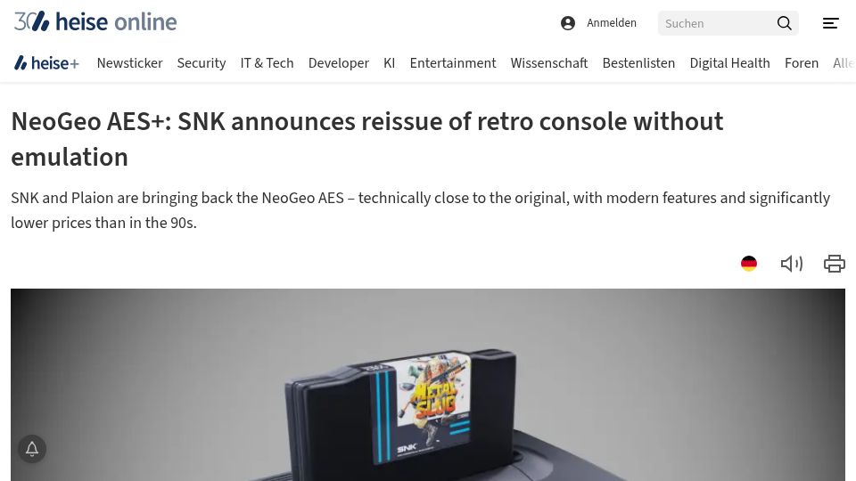 Screenshot of heise.de: NeoGeo AES+: SNK announces reissue of retro console without emulation