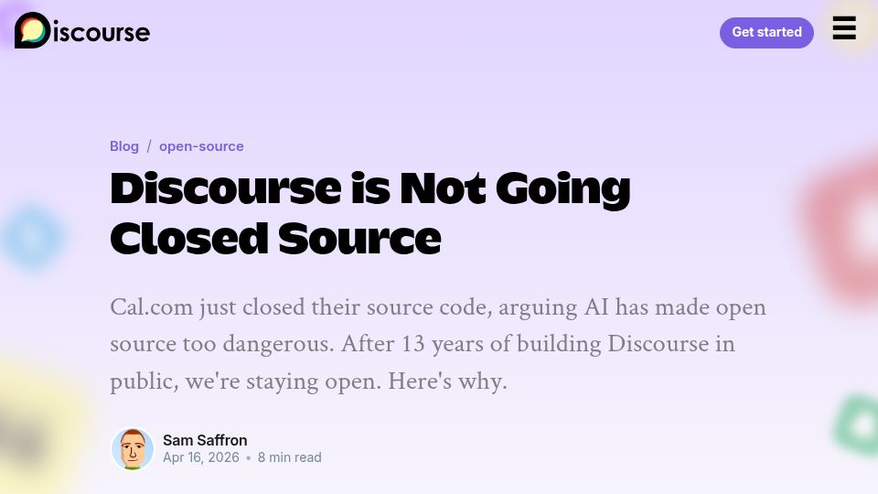 Screenshot of blog.discourse.org: Discourse Is Not Going Closed Source