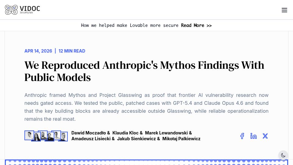 Screenshot of blog.vidocsecurity.com: We Reproduced Anthropic's Mythos Findings with Public Models