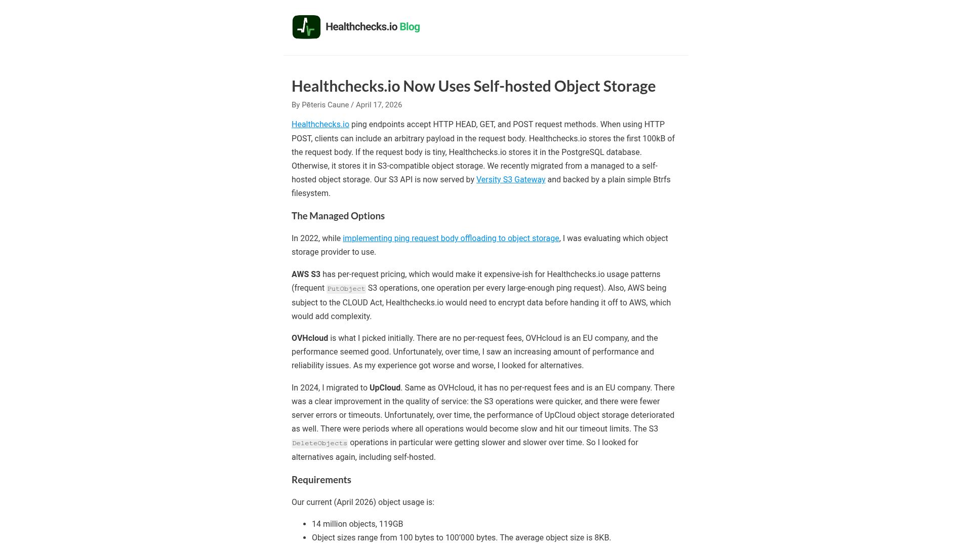 Screenshot of blog.healthchecks.io: Healthchecks.io now uses self-hosted object storage