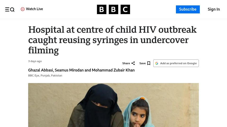 Screenshot of bbc.com: Hospital at centre of child HIV outbreak caught reusing syringes in Pakistan