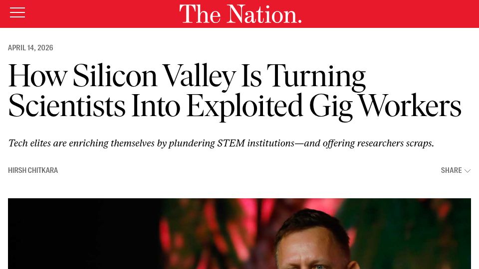 Screenshot of thenation.com: Silicon Valley is turning scientists into exploited gig workers?