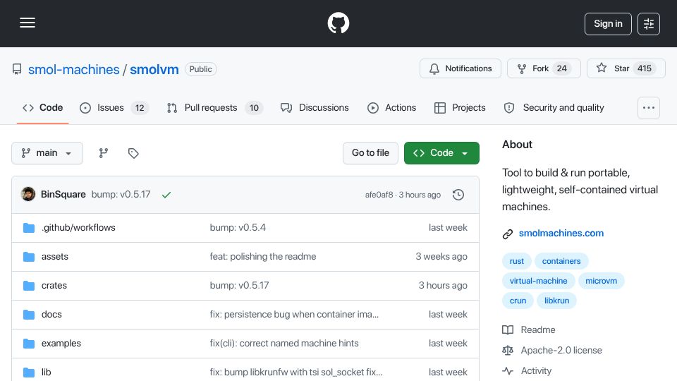 Screenshot of github.com: Show HN: Smol machines – subsecond coldstart, portable virtual machines