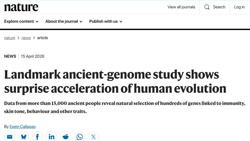 Screenshot of nature.com: Landmark ancient-genome study shows surprise acceleration of human evolution