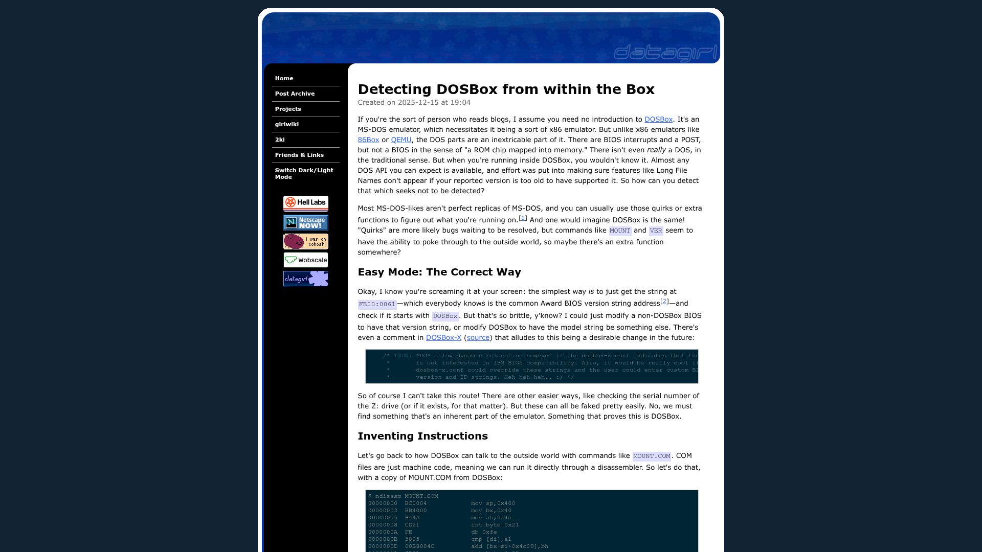 Screenshot of datagirl.xyz: Detecting DOSBox from Within the Box