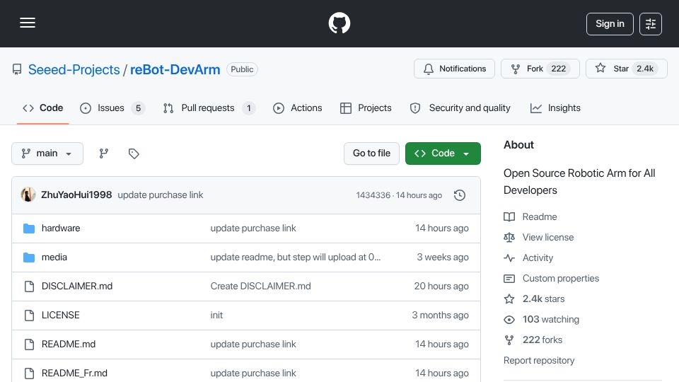 Screenshot of github.com: ReBot-DevArm: open-source Robotic Arm