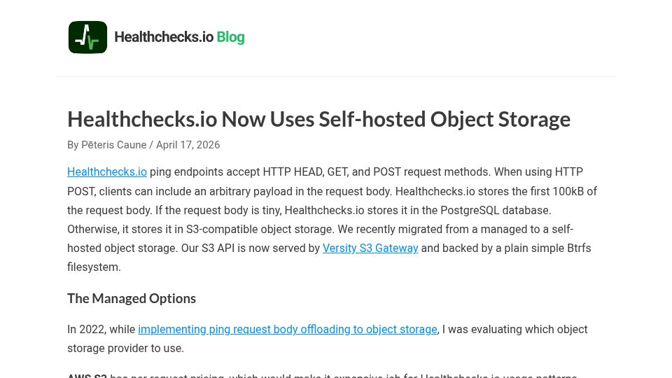Screenshot of blog.healthchecks.io: Healthchecks.io now uses self-hosted object storage