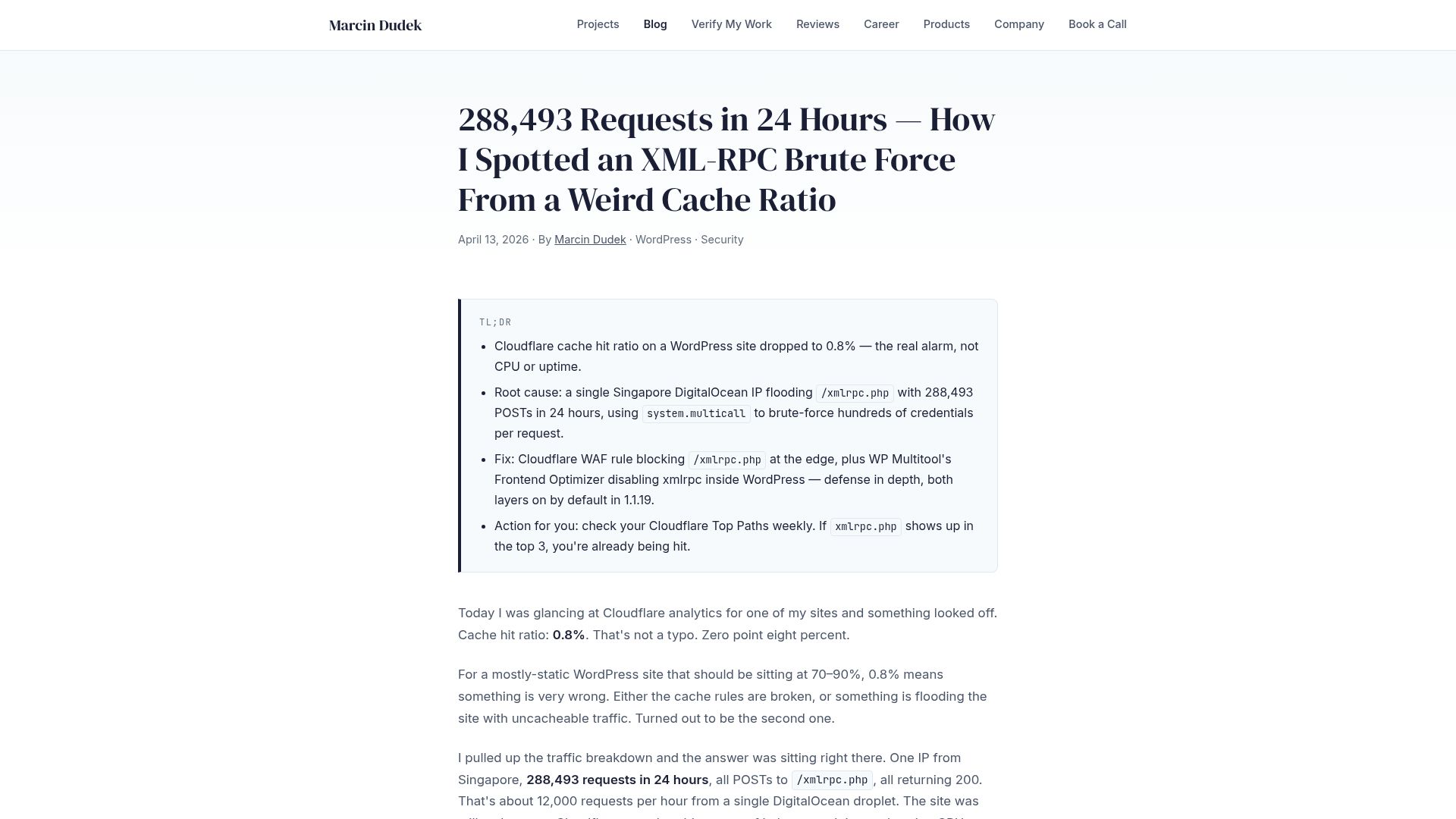 Screenshot of marcindudek.dev: 288,493 Requests – How I Spotted an XML-RPC Brute Force from a Weird Cache Ratio