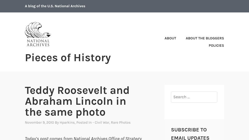 Screenshot of prologue.blogs.archives.gov: Teddy Roosevelt and Abraham Lincoln in the same photo (2010)