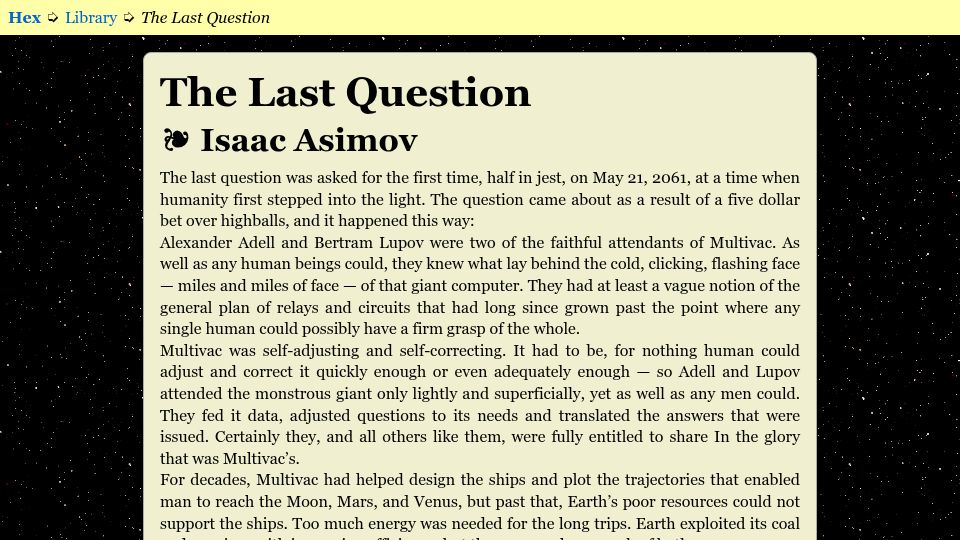 Screenshot of hex.ooo: Isaac Asimov: The Last Question (1956)