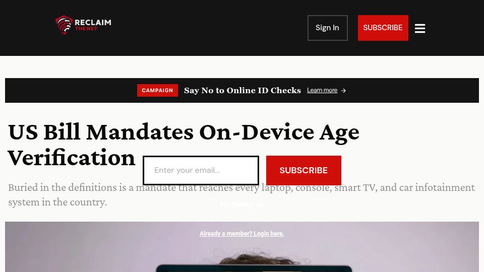 Screenshot of reclaimthenet.org: US Bill Mandates On-Device Age Verification