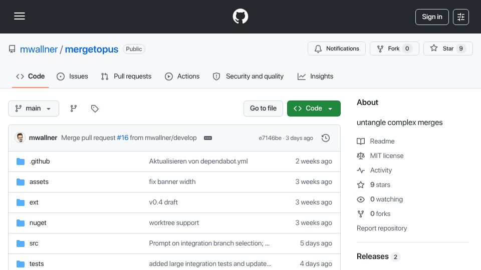 Screenshot of github.com: A Git helper tool that breaks large merges into parallelizable tasks