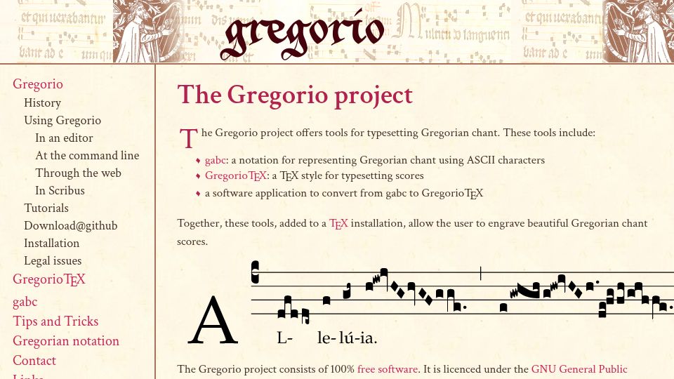 Screenshot of gregorio-project.github.io: The Gregorio project – GPL tools for typesetting Gregorian chant
