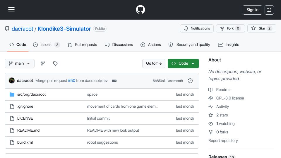 Screenshot of github.com: Solitaire simulator for finding the best strategy: Current record is 8.590%