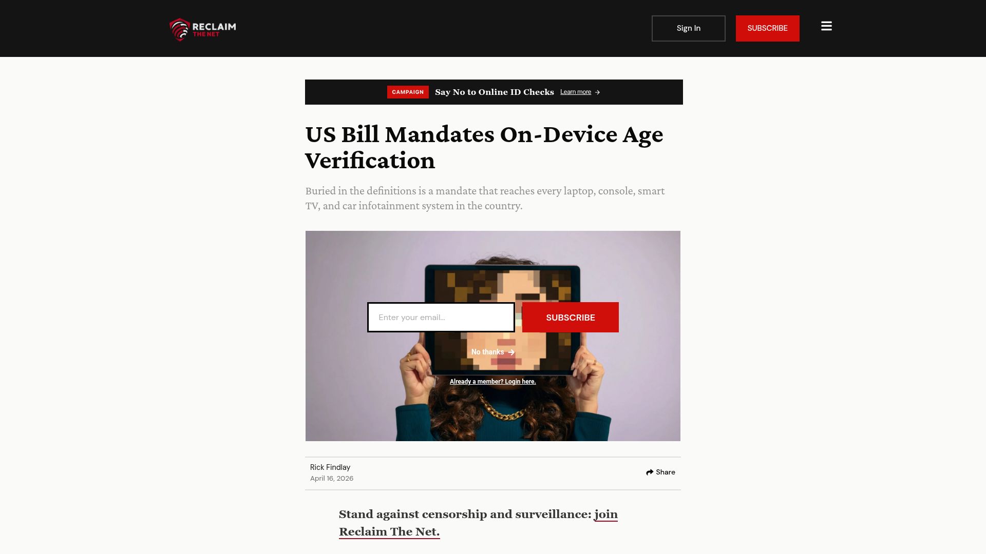 Screenshot of reclaimthenet.org: US Bill Mandates On-Device Age Verification