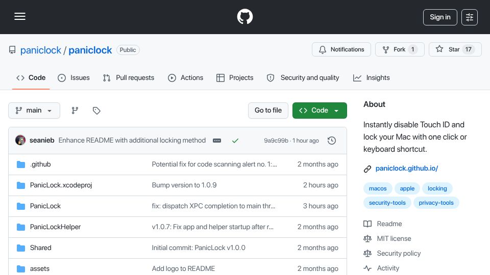 Screenshot of github.com: Show HN: PanicLock – Close your MacBook lid disable TouchID –> password unlock