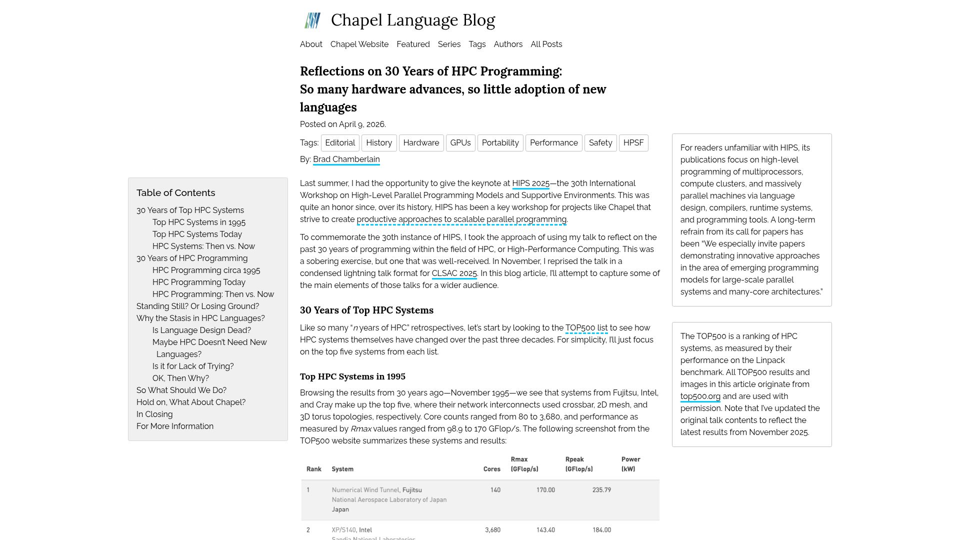 Screenshot of chapel-lang.org: Reflections on 30 years of HPC programming