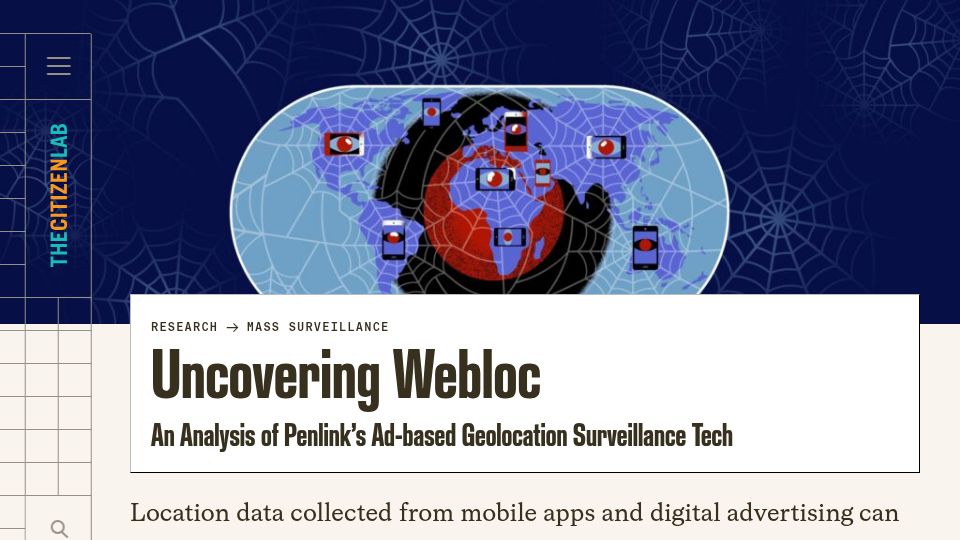 Screenshot of citizenlab.ca: Webloc: Analysis of Penlink's Ad-Based Geolocation Surveillance Tech