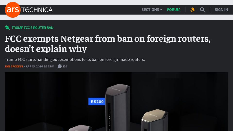 Screenshot of arstechnica.com: FCC exempts Netgear from ban on foreign routers, doesn't explain why