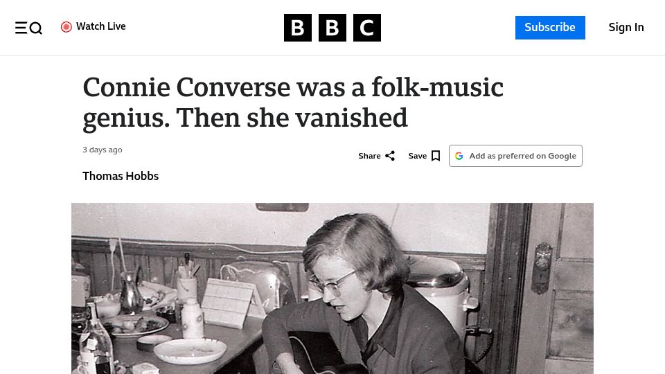 Screenshot of bbc.com: Connie Converse was a folk-music genius. Then she vanished