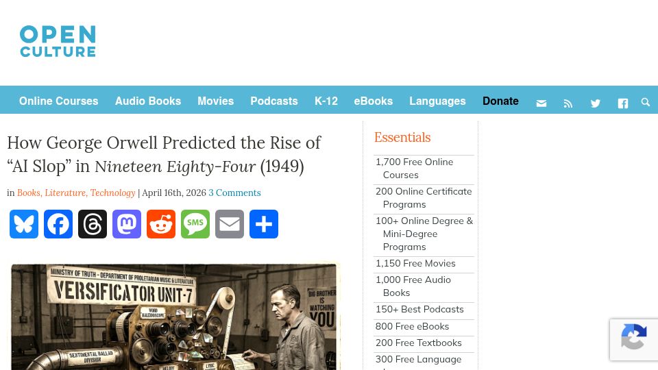 Screenshot of openculture.com: George Orwell Predicted the Rise of "AI Slop" in Nineteen Eighty-Four